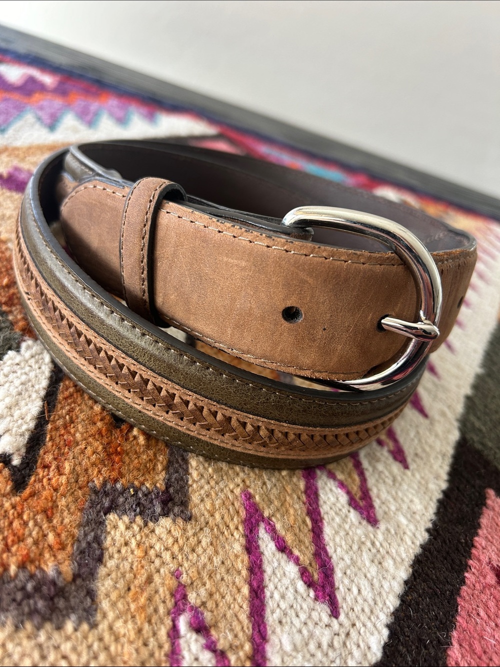 Men's Nocona Western Brown Leather Casual Belt with Decorative Weave SZ 42